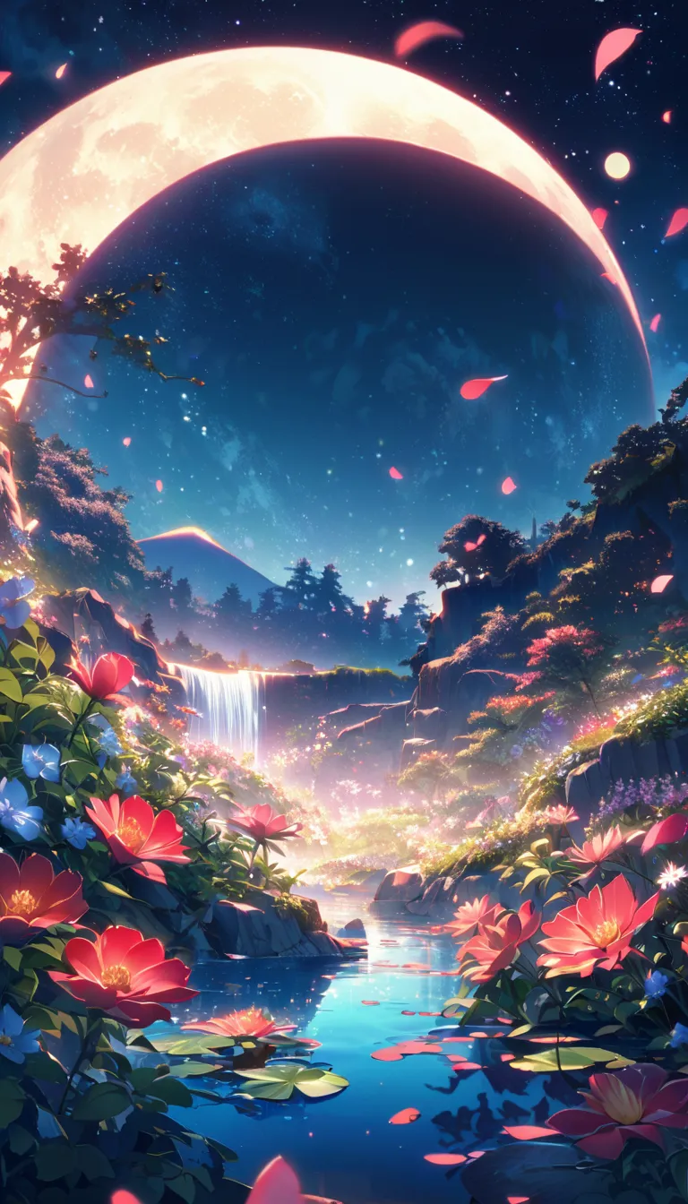 night、Only moonlight illuminates tranquil view、The moon bends in the sky with a mysterious glow.。distant mountains々You can see a waterfall.、Silhouette on celestial background。Beautiful big flowers near、Petals fully open、Reveals a huge red luminous center。t...