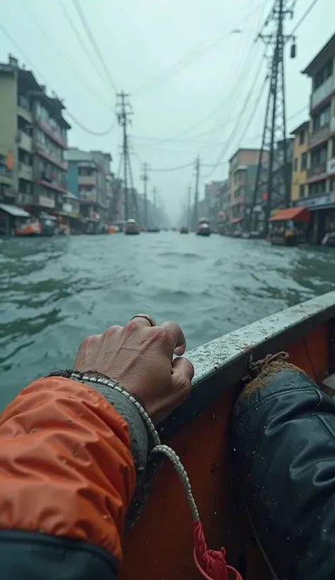 A true first-person perspective looking directly at hands. The viewer’s hands are firmly gripping the edge of the rescue boat, now safely aboard after the devastation of the tsunami. The boat rocks gently as it cuts through the choppy waters, with the afte...