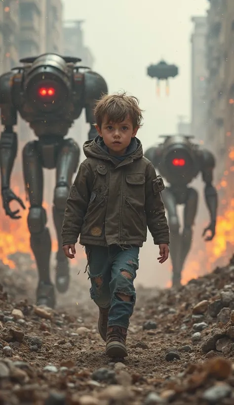 "A young boy, dressed in torn futuristic clothes, runs through a collapsing city filled with smoke, fire, and rubble. Behind him, massive mech soldiers with glowing red eyes march through the destruction. In the background, a small starship is preparing fo...