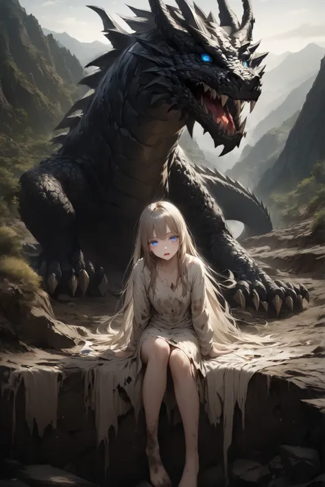 A young woman wearing a dirty, torn white dress with long, blue eyes, and long ankle-length hair sitting in front of a black dragon with an arrow stuck in a desolate, steep mountainous area。Scream with a crying face。TOP QUALITY。realistic texture、 realistic...