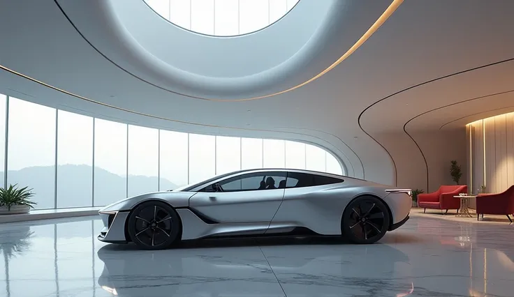 Seats of 2025 Lucid Air, silver color, standing in a luxury bright showroom. 