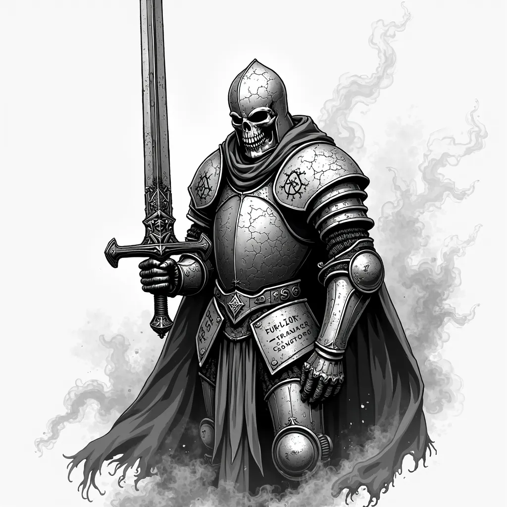 “Design a black and white tattoo stencil featuring a ghostly knight in full armor, his skeletal face visible beneath a cracked helmet. His tattered cape flows like smoke, blending into the shadows around him. He holds a massive, ancient greatsword engraved...