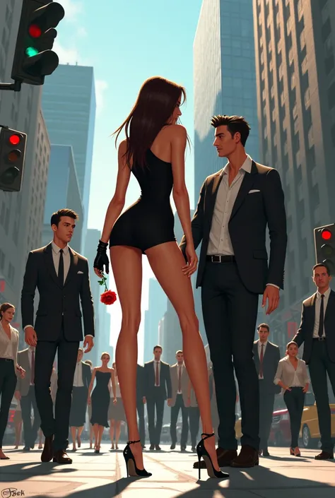 
1. **scenario**: A bustling city street,  with skyscrapers in the background . } The urban environment is filled with formally dressed people.

2. **Main character**: A tall, stylized woman, wearing a black blouse and a tight skirt.  She has a confident a...