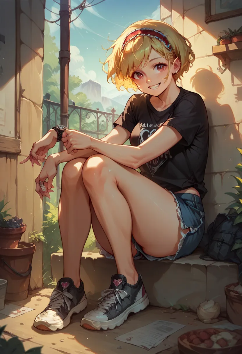 Cute girl Alice short blonde hair black t-shirt full body short ultra HD quality detail smiling