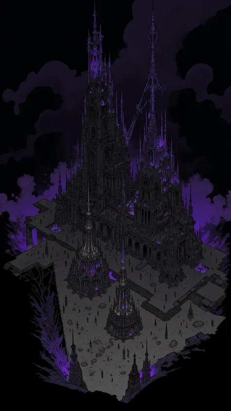 (angle: General plan — Dark tone, with a contrast of light and shadow)
Gulawn Ruins — Skeletal towers rise over gray earth, covered by purple mists that whisper forbidden spells. In its dark streets, echoes of lost laments still resound.

