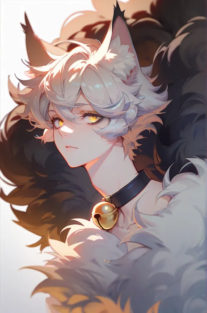 Hair= short, fluffy scruffy hair, white. Face= eyeliner, dark circles under eyes, yellow eyes. Body= petite, pale skin, big long fluffy cat ears, long elegant fluffy cat tail,bell collar, cat legs, slender.