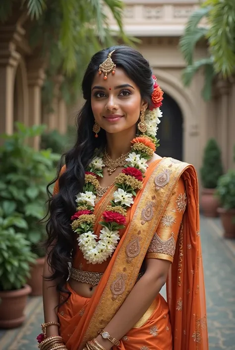 hindu wedding bride with long hair floral