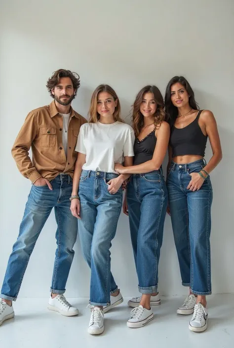 create a horizontal high resolution cover picture of website for a new startup clothing business. Use 4 model who wear denim pants. Stand in stylish way. Make attractive not fancy