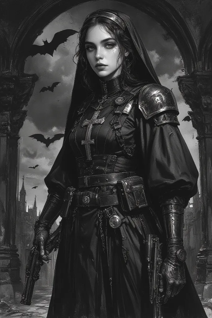 A highly detailed, realistic pencil and charcoal illustration of a warrior nun in a dark, gothic setting. She wears a modest but form-fitting armored habit, with reinforced fabric and metal accents, including a high collar and long sleeves. A silver cross ...