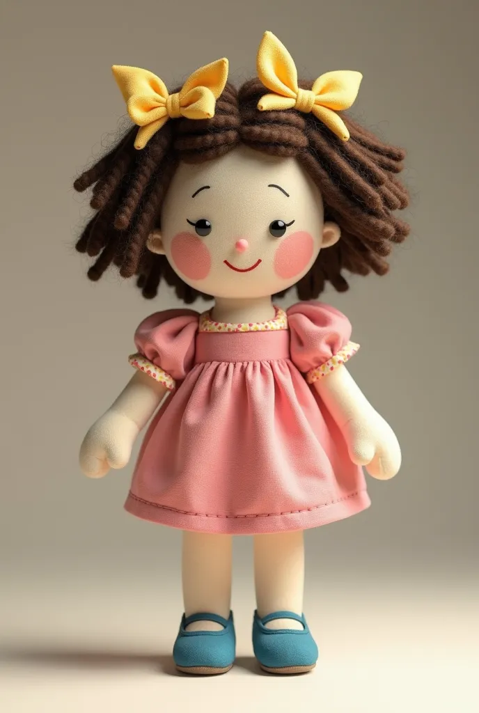 Rag doll with fabric skin with apparent seams dark brown wool hair with yellow bows pink dress blue shoe look sweet and cute