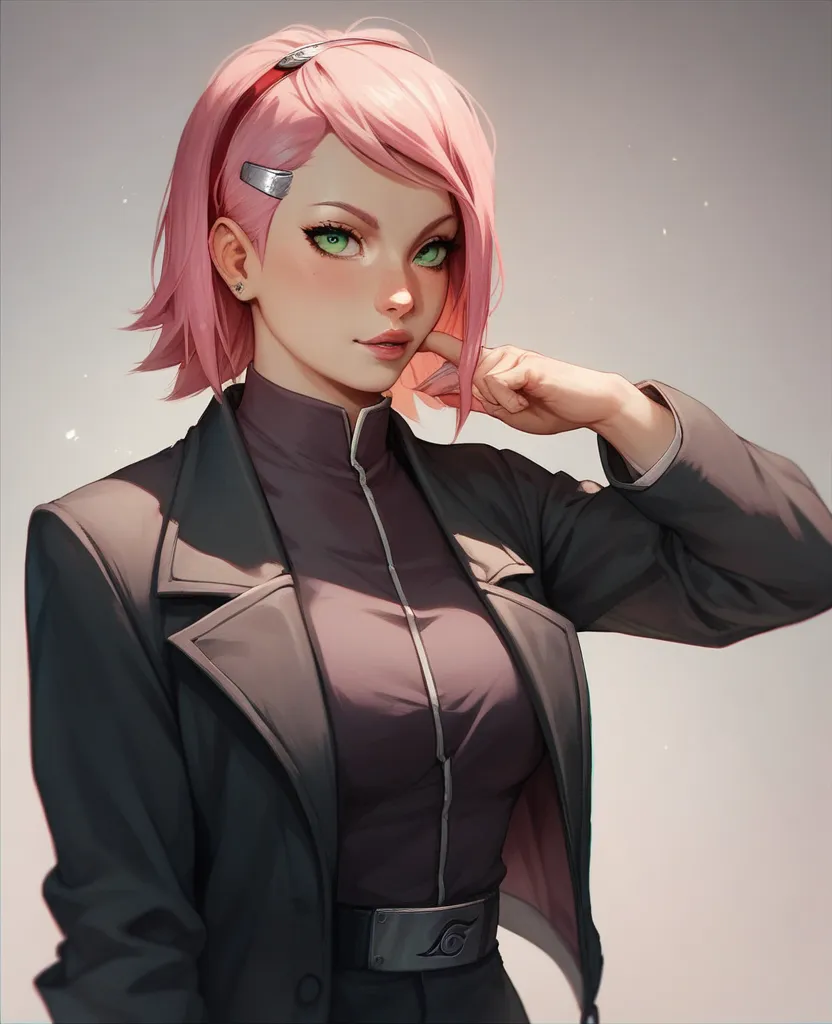 Sakura haruno from Naruto, short pink hair, green eyes, wearing a black suit