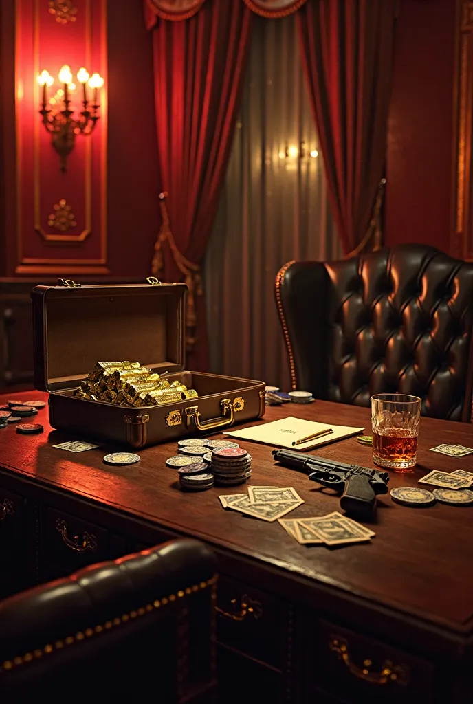 A luxurious yet abandoned VIP room inside an old casino, bathed in moody red and gold lighting. A grand wooden desk sits in the center, covered in scattered poker chips, playing cards, and a half-empty glass of whiskey. A slightly open briefcase reveals st...