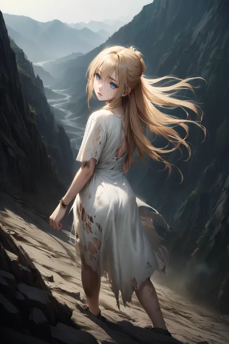 A young woman wearing a dirty, torn white dress with blond hair, long hair up to the ankles, blue eyes looking back in a desolate, steep mountainous area。 crying face。TOP QUALITY。realistic texture、 realistic colors。