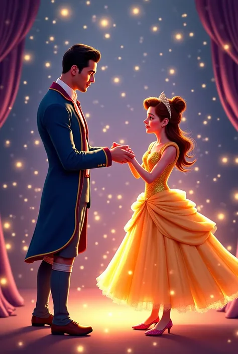 Créez une illustration féerique où Cristiano Ronaldo et Lionel Messi se tiennent devant Cendrillon, dans un magnifique décor de conte de fées. Cendrillon, vêtue de sa célèbre robe de bal, est entourée d'une ambiance magique avec des étoiles scintillantes e...