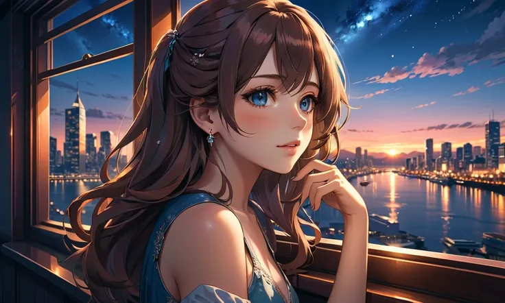  fully uses Makoto Shinkai's depiction,a portrait of Kate Beckinsale, Gold, browneye ,The 、,8k 4k masterpiece photo ,The entire upper body is facing this way,There is a ,a portrait of TZUYU on the left side of the screen,Vancouver cityscape,the twinkling o...