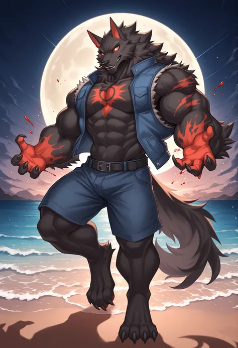 furry, solo,  , muscular male, , close up, reaching,full body, moon rise，middle night , (sleeveless jacket), looking at viewer, close up, beach, side view, nice eyes, eyes, muscular,abs, chest markings, 

, (volker \(rabbity\), werewolf , black body, hypno...