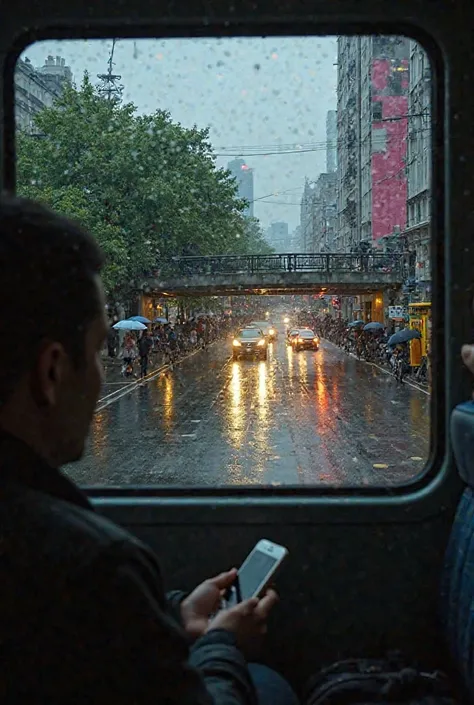 "A moody and atmospheric scene captured from inside a public bus on a rainy day. The window is covered in raindrops, slightly blurring the view of the busy urban street outside. Through the wet glass, a cityscape is visible with lush green trees, a pedestr...