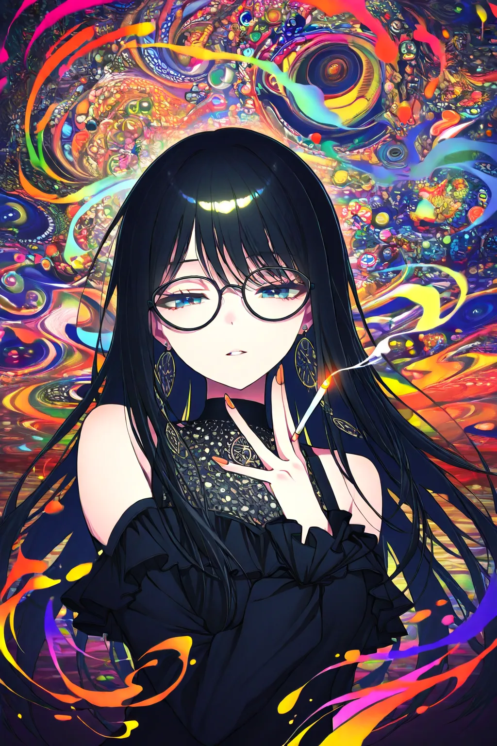  flat color, gyaru, cool beauty, black hair, slender body, half-closed eyes, rest, japan exotic fashion, neon motif room, feet out of frame, cigarette, abstract  art,