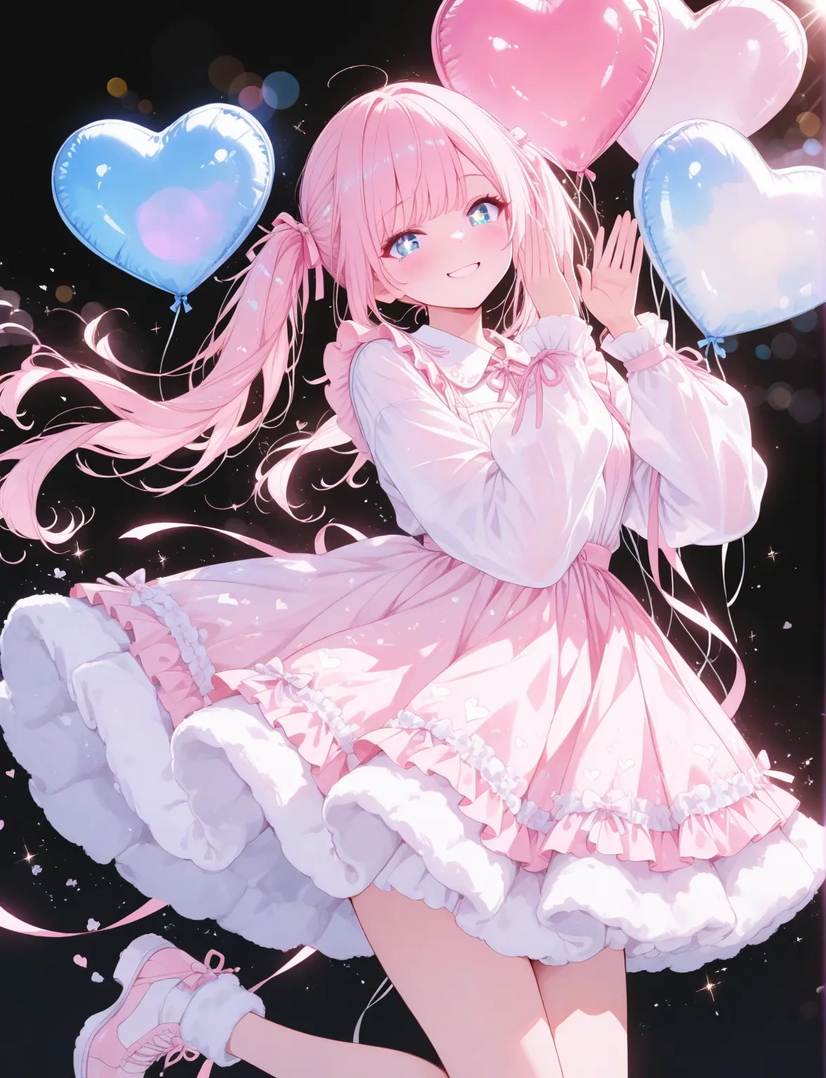 1 girl, heart-shaped balloon, floating, weightless feeling, pink and pastel colors, smiling face, sparkling eyes, fluffy skirt, hair swaying in the wind, soft light, lens flare effect, happy atmosphere, cute pose, cute, Hairstyle: twin tails, loose waves, ...