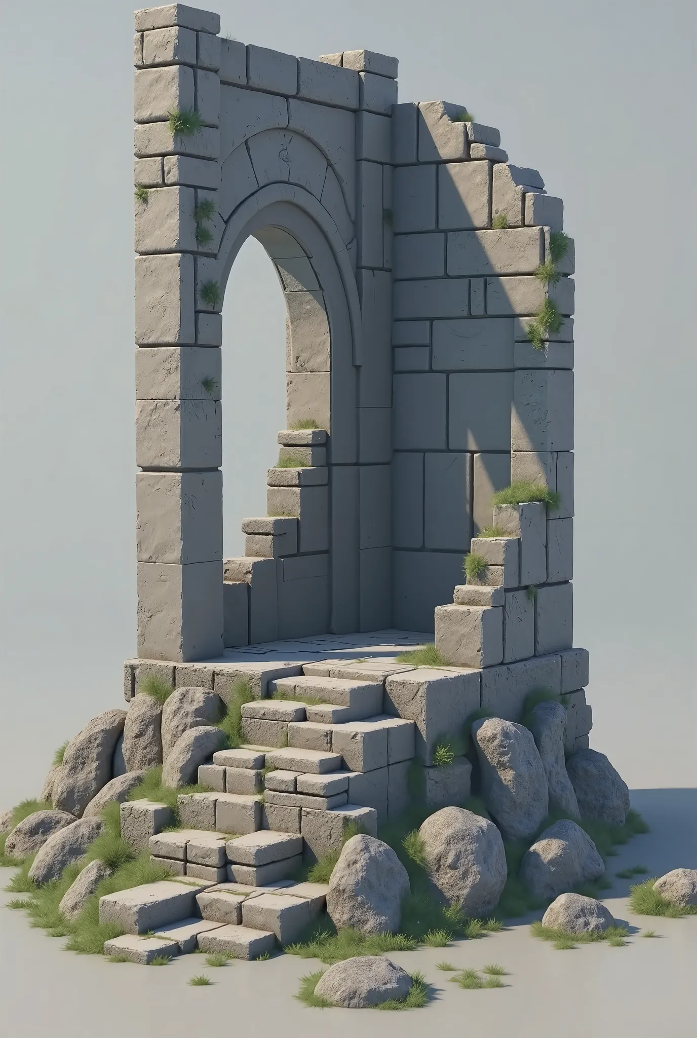 Create a rendering as a prop 3d,  of an ancient ruin,  highly detailed ,  incredible details , matte white background, global physical lighting,  NVIDIA GEFORCE RTX , game dev, aged rock masonry textures and moss patches