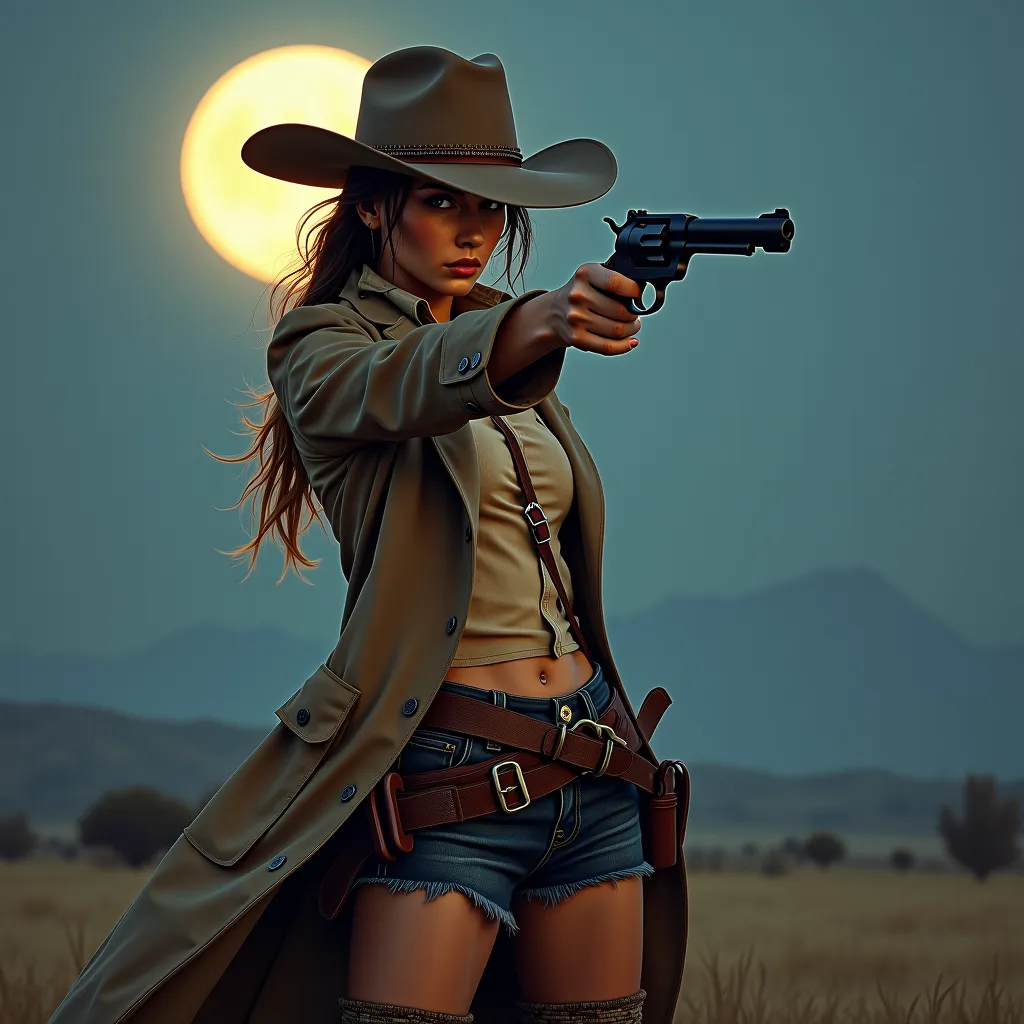  digital illustration, Cowgirl from the Wild West aiming her six-shot pistol, moonlit night, her cleaning coat fluttering in the wind,(Highly detailed skin:1.2),  8k uhd,  dslr camera , soft lighting, Best quality socks,  film grain, Fujifilm XT3 