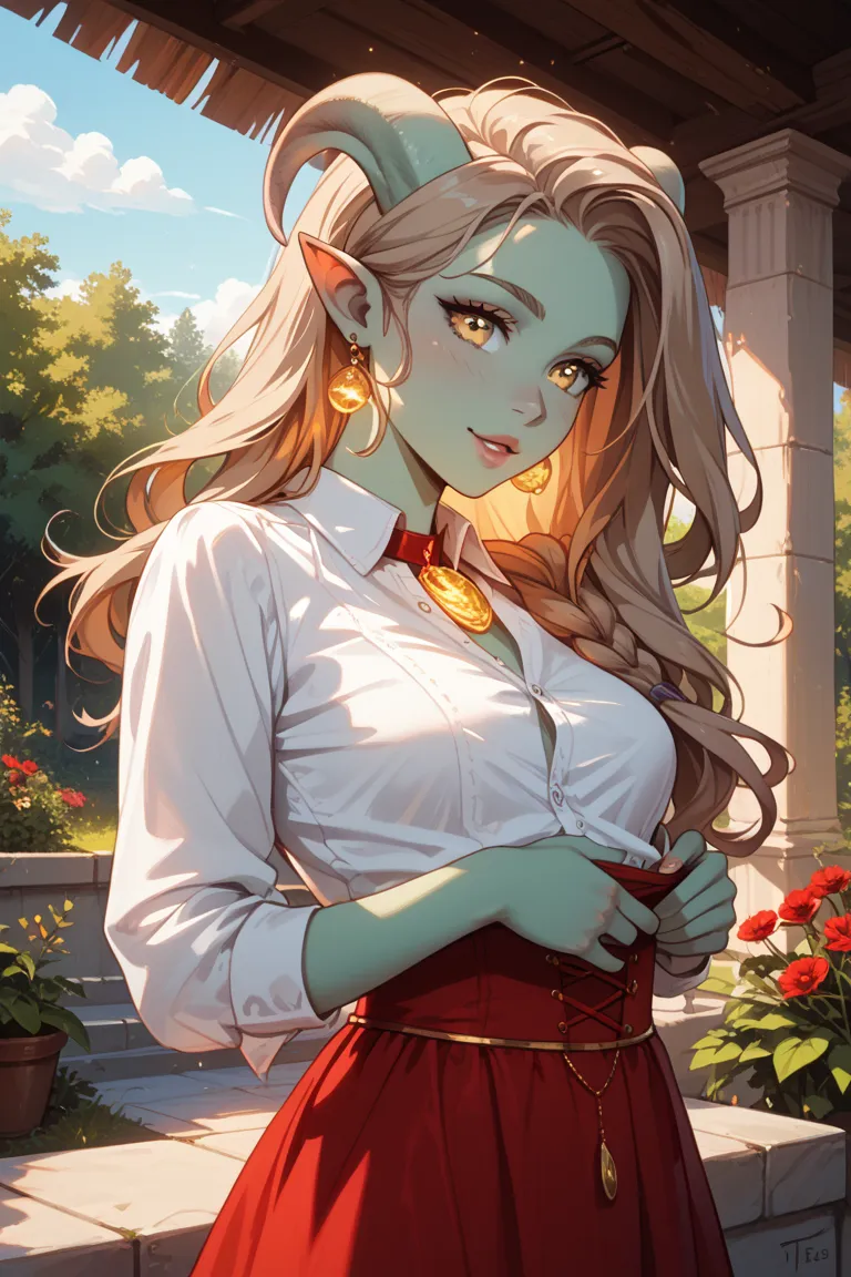 tiefling girl, teenager, with red skin, light brown hair in a dress and shirt 