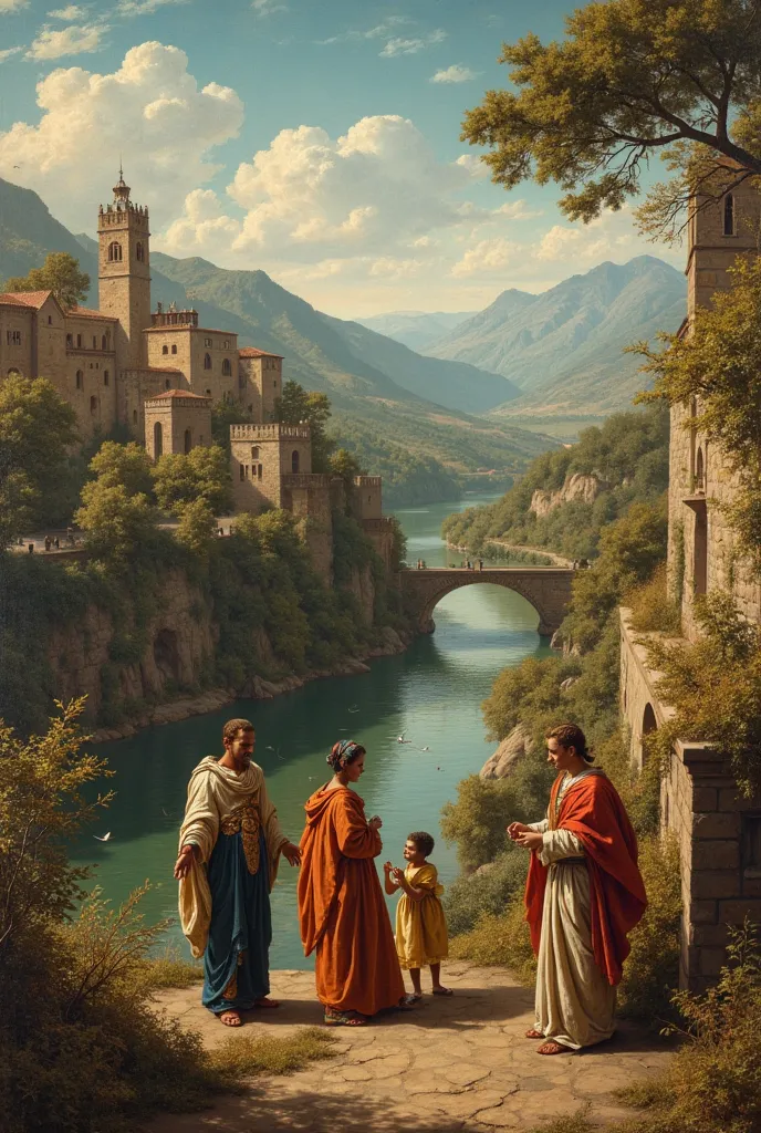 classical painting, Ancient Renaissance of ancient people living on the banks of a river