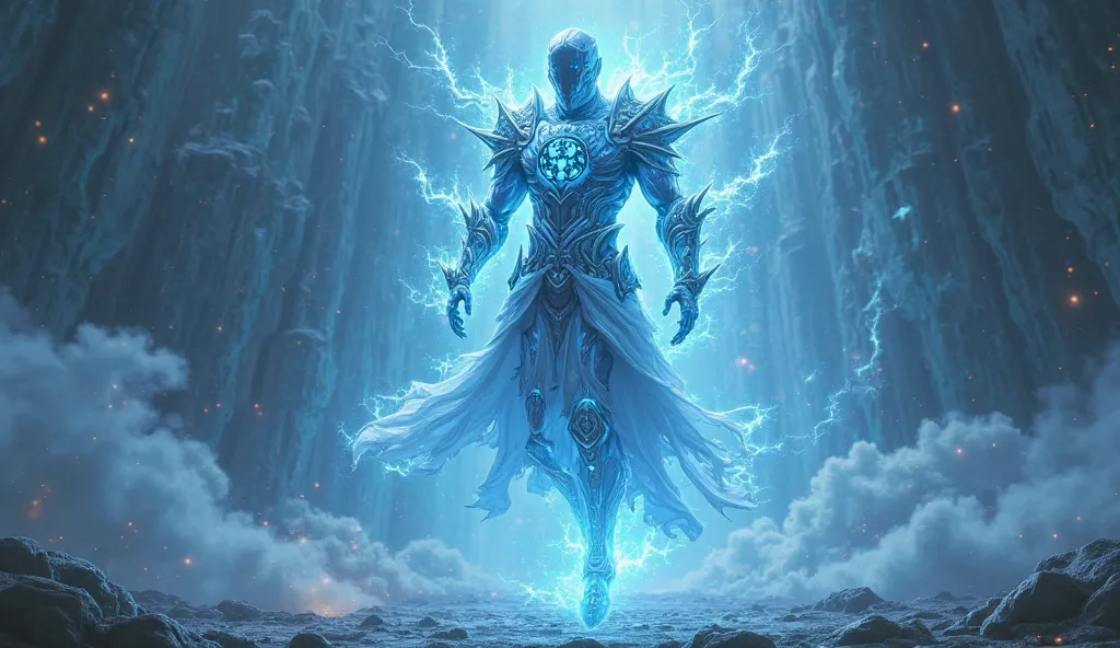 The floating armour features an ice blue energy pattern.