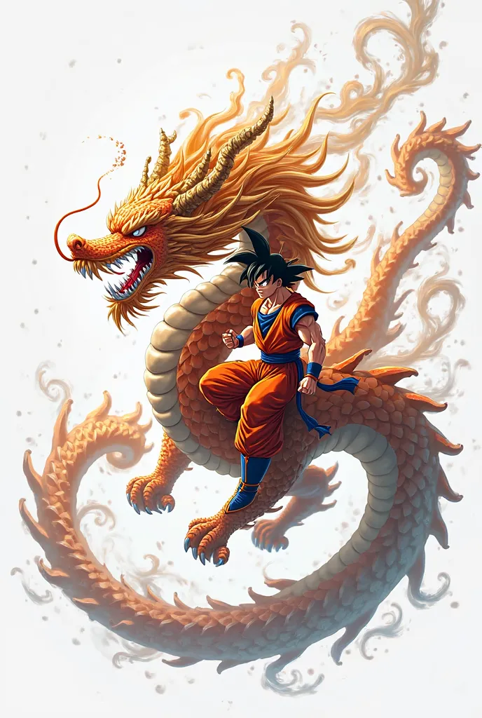 make a wallpaper laptop background with goku dragon ballz sitting on a full white dragon flying. make the dragon big and make it an East dragon. make goku and the dragon the main thing