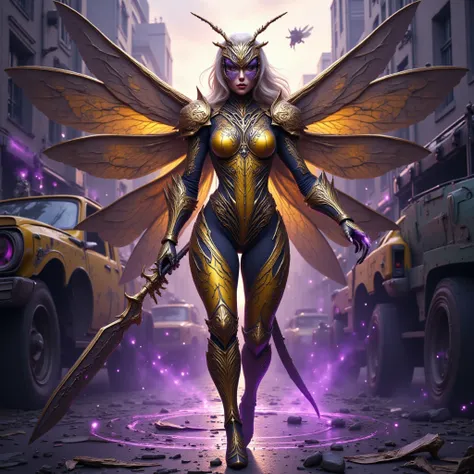 - Main Character, "Korean" Adult Woman, Beautiful, Tall, Long Legs, Pink Eyes, Golden Black Hair.

- Wearing a costume ("Full Sexy Armor").
(Armor Chest and Thighs slightly open).
Futuristic Costume Design.
Has very elegant bee wings.

- Sexy and Athletic ...