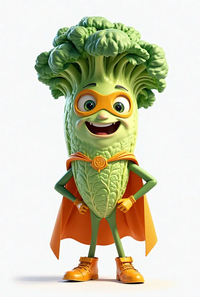 cabbage superhero character smiling on a white background pixar likeness