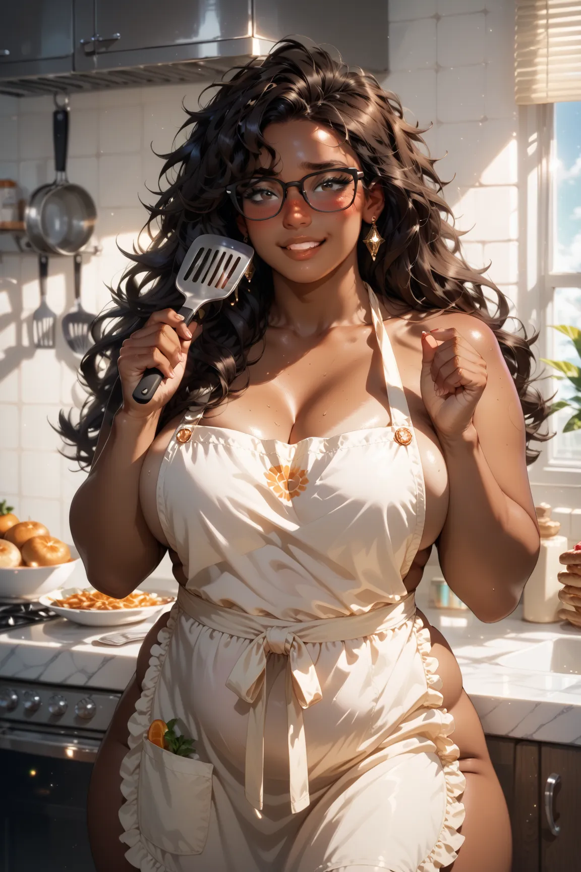 [1 woman who is sexy, curvy, plus sized, chunky, chubby, FAT, PLUS-SIZED, tan skin, VERY LONG EXTRA LONG HAIR dark brown curly hair, dark brown eyes, FRECKLES black glasses] [flustered, shy, blushing, shy, half-lidded eyes, happy, looking at viewer shyly] ...