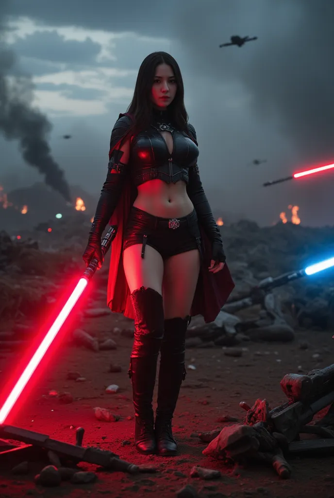 A breathtakingly beautiful japanese female Sith Lord with flawless and white tone skin, porcelain-white skin stands amidst a dark, war-torn battlefield, illuminated by the crimson glow of her red lightsaber. She has a slim, hourglass figure with a delicate...