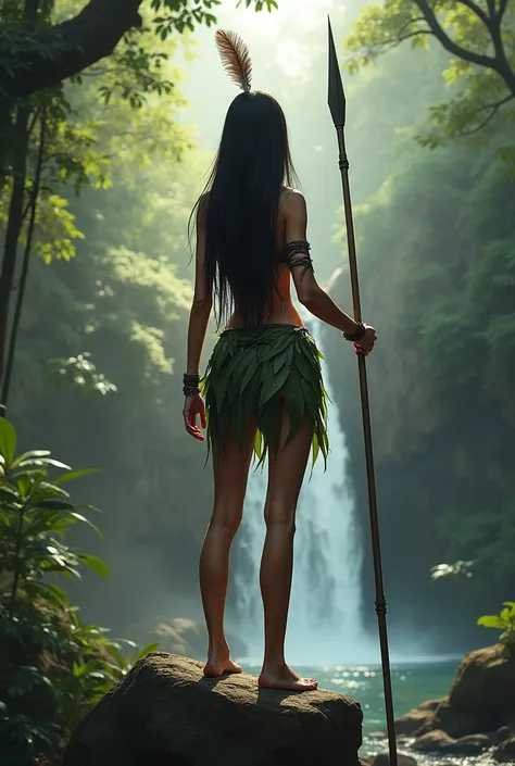 Cabocla Jacira, a thin adult woman with long, straight hair, wearing a small skirt of leaves and a top with a single feather on top of her head and holding a spear, at a forest, on top of a small rock looking at a waterfall