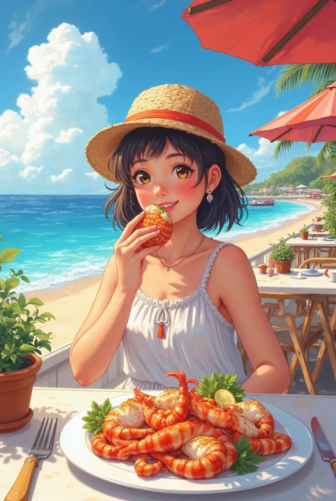 Fish , girl, summer beach eating restaurant 