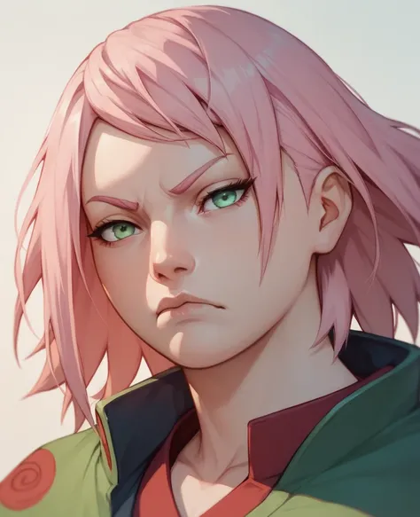 Sakura haruno from Naruto, pink hair, green eyes, bored face, wearing akatsuki's cape