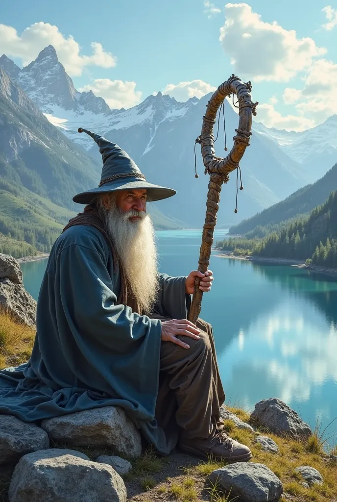 old wizard man with his magical wooden stick like Gandalph's sitting in a sunny day in north Russia with a cinematic view looking at the camera