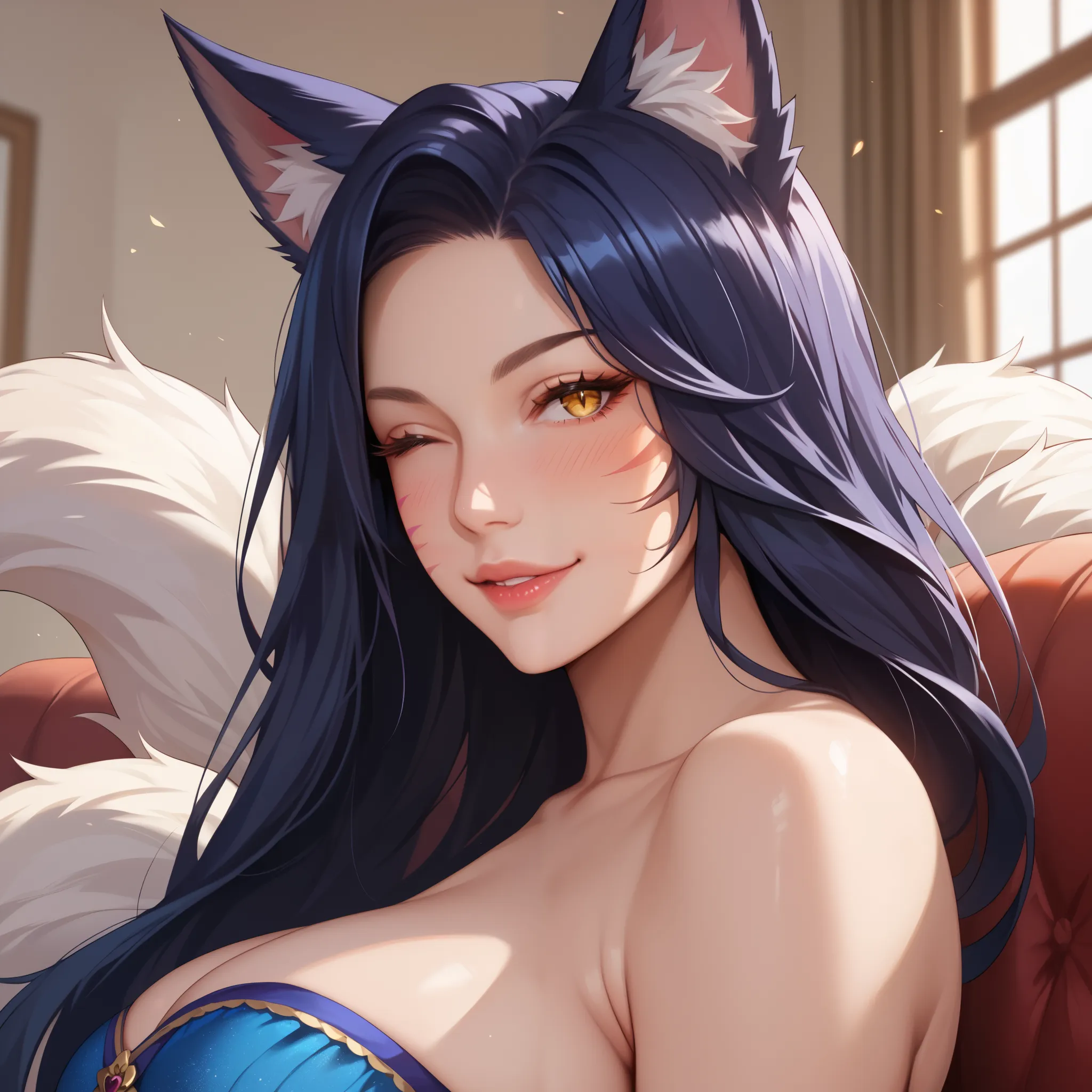 Score_9, Score_8_up, Score_7_up, Score_6_up, Score_5_up, Score_4_up, Tag1, Tag2, Quality_masterpiece, Busty, wear blue knitted dress and mini skirt, Ahri alike, Anatomically correct, Beautiful face, Perfect face, (viewer siting beside her point of view, si...