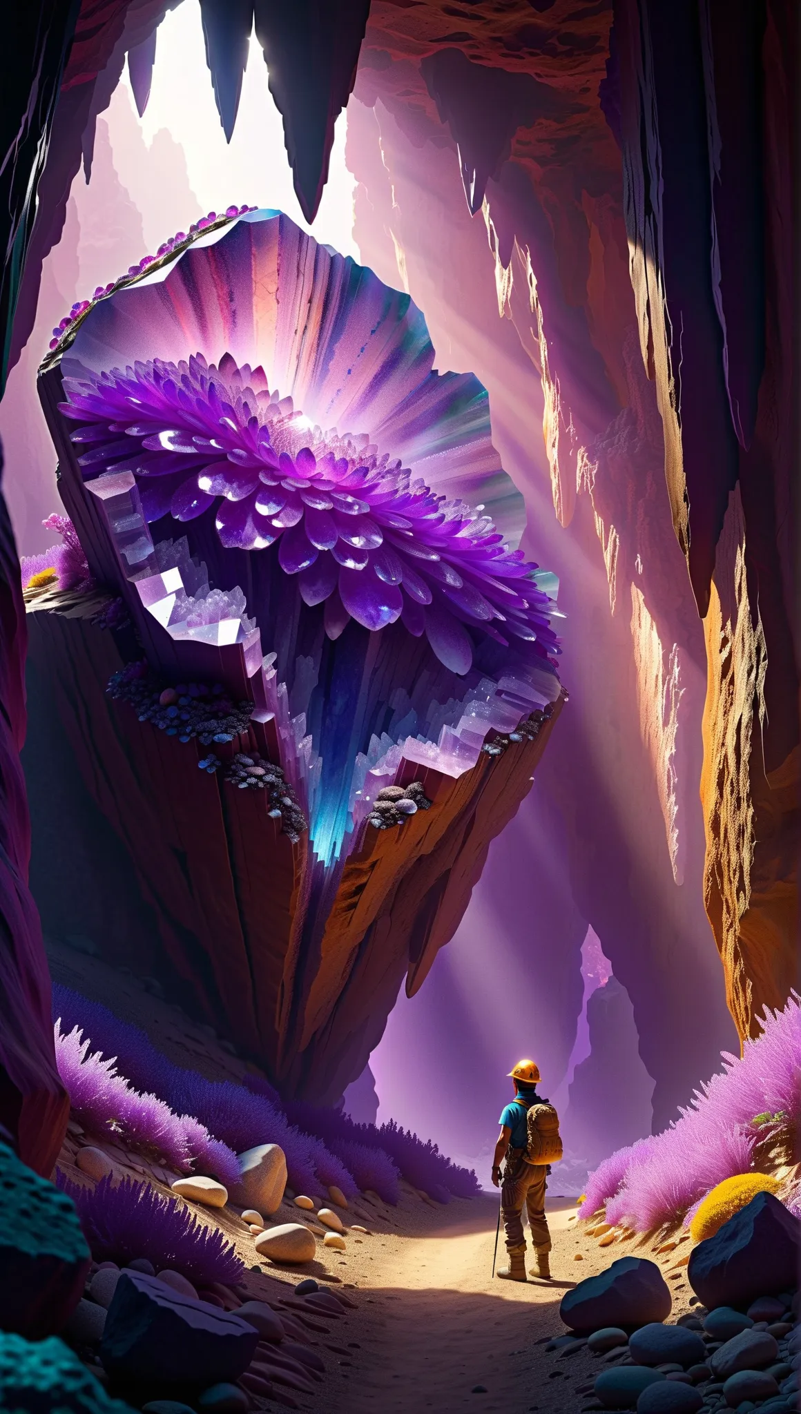 Miners working in amethyst geodess，Huge amethyst geodes, amazing amethyst geodes, geodes, ドゥルーズgeodes, amethyst, Amazing mineral art，Amazing detail,  8K,Fantastic cave walls made of mineral crystals，Covered in precious crystals, Crystal clusters， Fractal A...