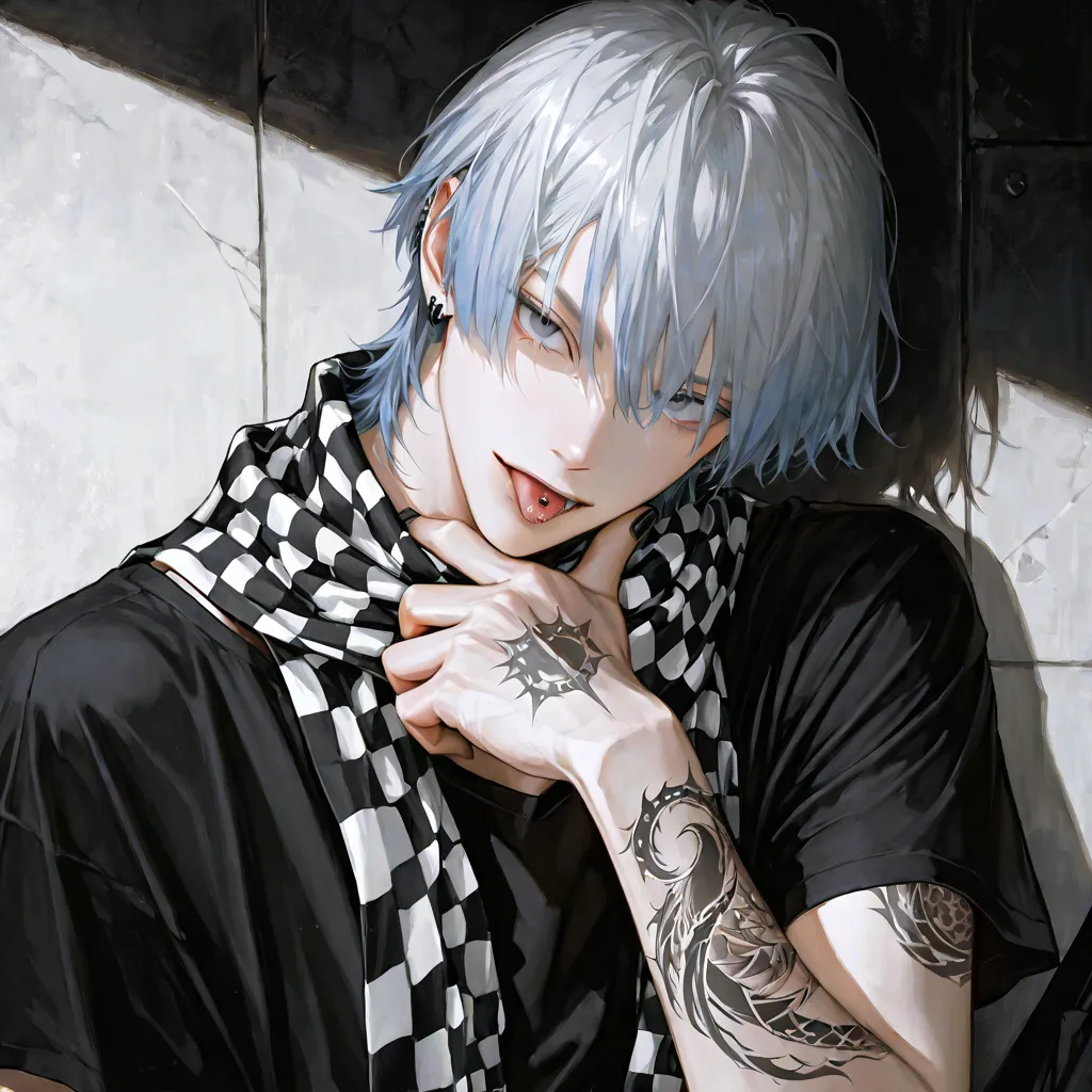 high school age men, handsome, lying, 1 man, (Bule hair) , male focus, handsome man, black nail polish, perfect Eyes ,semi-realistic art , semi-realistic art style, Black and white checkered pattern scarf, dark Bedroom background, Earring , upper body , ba...