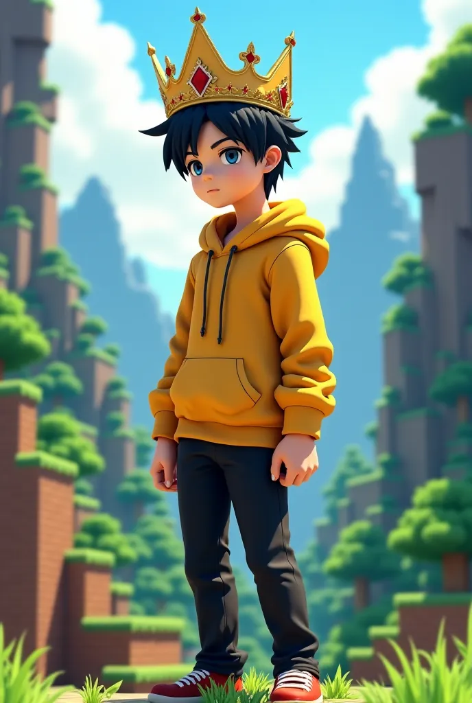 Make anime boy with crown yellow hoodie,black pants and Minecraft background
