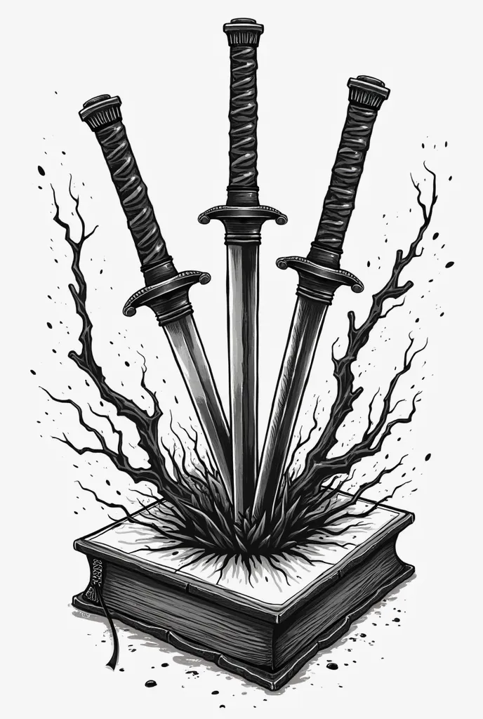 I need to create tattoo art, the following image must be as follows, will be 3 katanas coming out of a book. The 3 katanas are the Kitetsu from Roronoa Zoro from the Anime one piece, a katana do Zenitsu do anime Demon Slayer e a Katana do Yami do anime Bla...