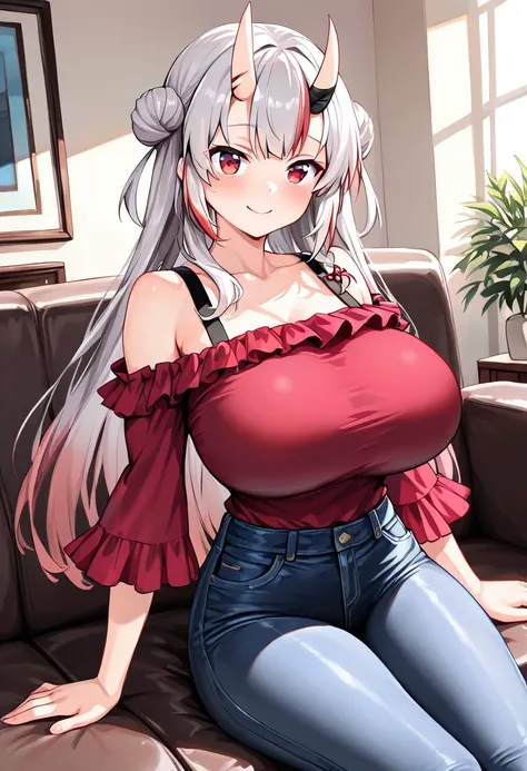 (TOP QUALITY , 8k , masterpiece , incredibly absurdres , perfect body , super detailed skin , highly detailed eyes and face , 1 woman ) ,  nakiri ayame , Silver Hair , red eyes , demon horn , smile ,  will be happy , ( off shoulder , Ruffled sleeve top , i...