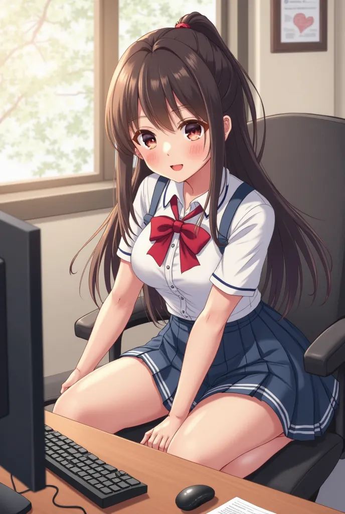 anime girl sitting  on the table with a computer and papers, Shitao anime drawing , pixiv, realism, a hyper realistic schoolgirl , hyper realistic schoolgirl ,  realistic schoolgirl ,  seductive anime girl , (sfw)  safe for work ,  sat at my desk,  on the ...