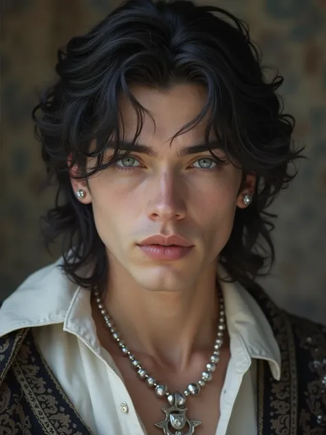 Young healthy looking man in his 20s, jet black medium hair, ligth gray eyes, white a Very pale skin, seductive smile, silver earings, silver necklace, silver rings, seductive eyes, seductive expression. 
Medieval, mediaval fantasy, fantay, elegant, realis...