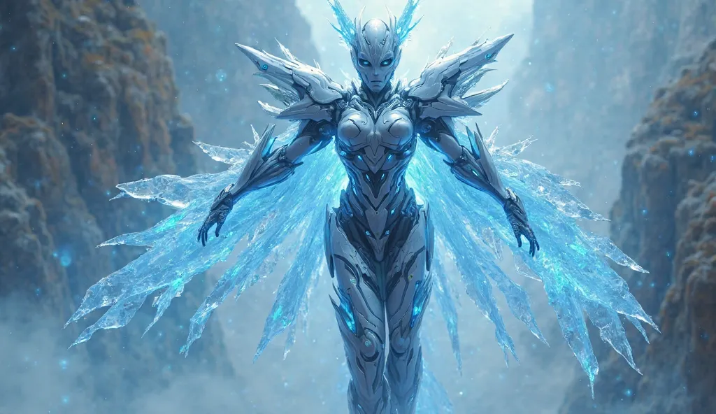 The floating armour features a blue energy pattern, ice elements