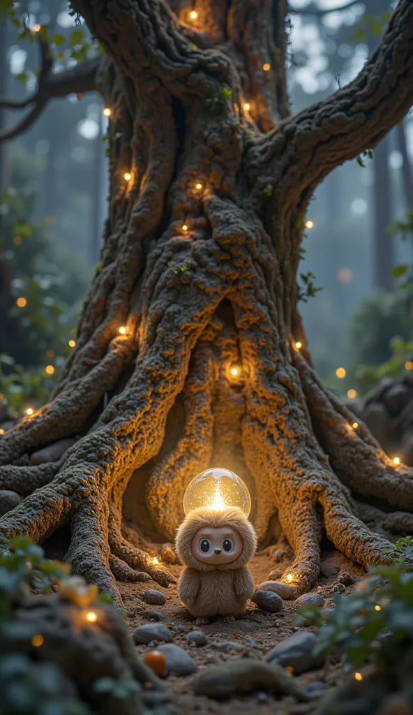 Labubu Merah standing in front of a massive tree with twisted roots, one of them partially covering a small wooden box buried in the ground. His eyes are wide with curiosity, and he tilts his head slightly. The scene is filled with mystical details—glowing...