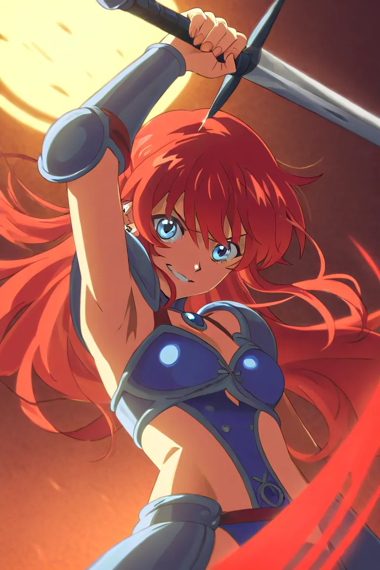  girls on the left、red hair、 blue eyes、 long hair、blue bikini armor、Swinging the Sword