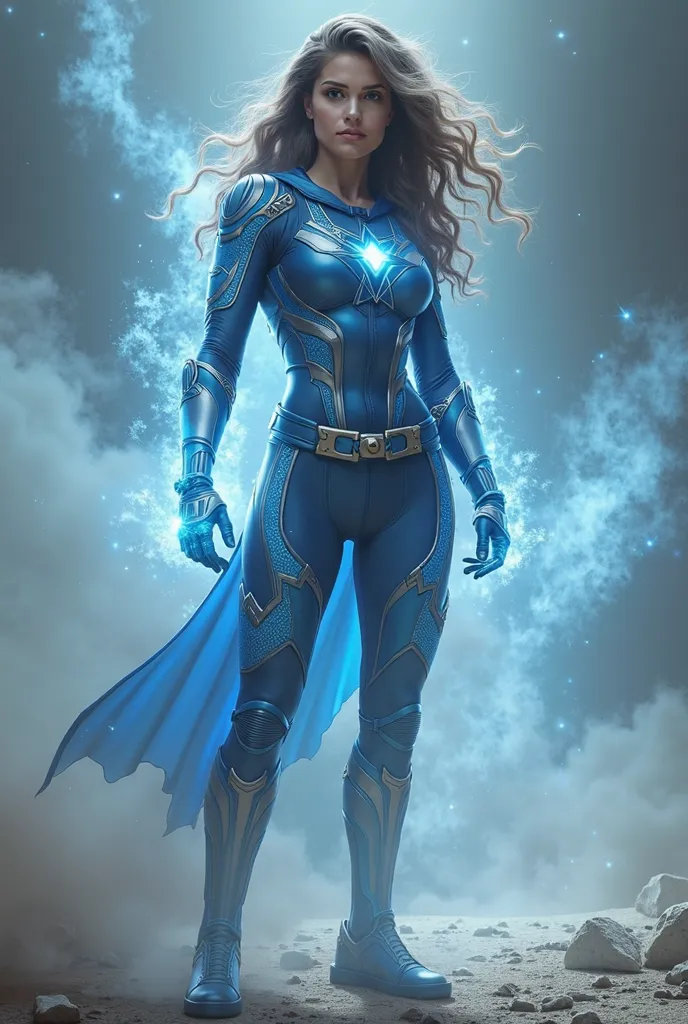 create a hyper-realistic, cinematic-style dreamlike image of Sabra, the Israeli Marvel Superhero, place the star of david on the suit a little more white on the suit, hair a little darker