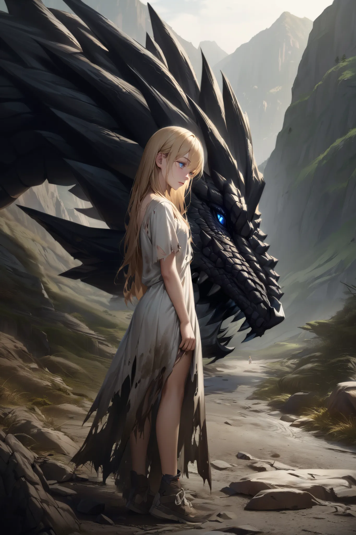 A young woman wearing a dirty, torn white dress with blond hair and long ankle-length blue eyes sleeping in front of a black dragon's face in a desolate, steep mountainous area。TOP QUALITY。realistic texture、 realistic colors。